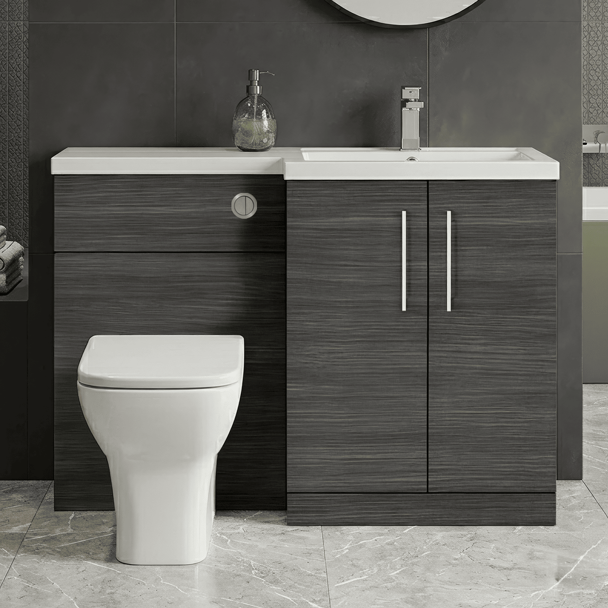 [BFLE511R] Bramshall Combination Vanity Unit with Basin & WC, Right Hand, 1100mm x 390mm - Choice of Colour and Handle Finish - Silo