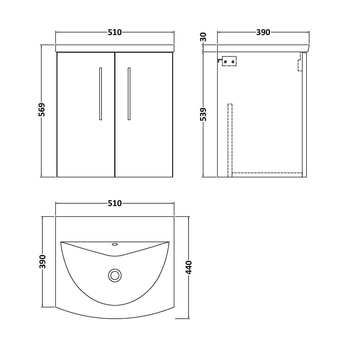 [BFLE521G] Bramshall Contemporary 2 Door Wall Hung Vanity Basin Unit, Choice of Size, Colour and Basin - Technical Drawing