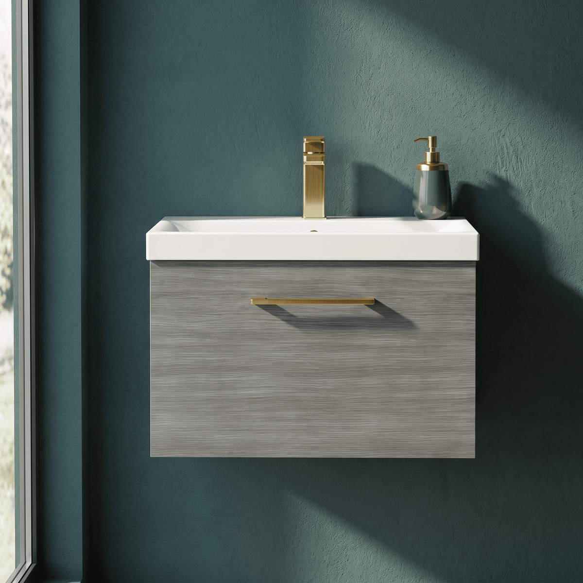 [BFLE522AH017] Bramshall Wall Hung 1 Drawer Vanity Unit with Mid-Edge Ceramic Basin 600mm - Studio Shot