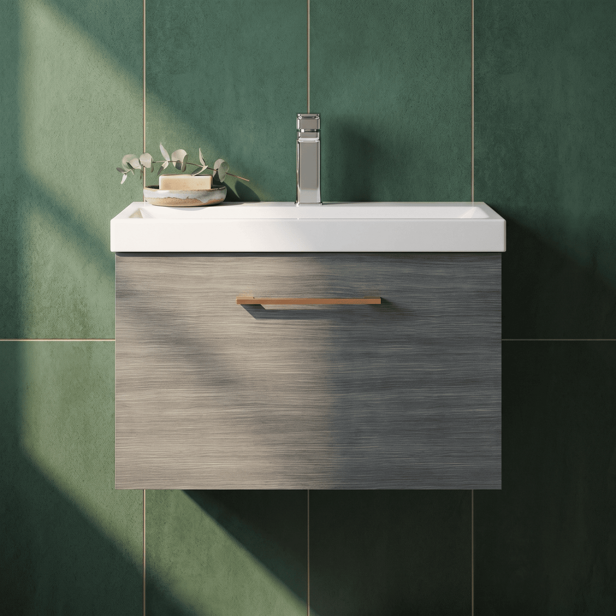 [BFLE522AH019] Bramshall Wall Hung 1 Drawer Vanity Unit with Mid-Edge Ceramic Basin 600mm - Studio Shot