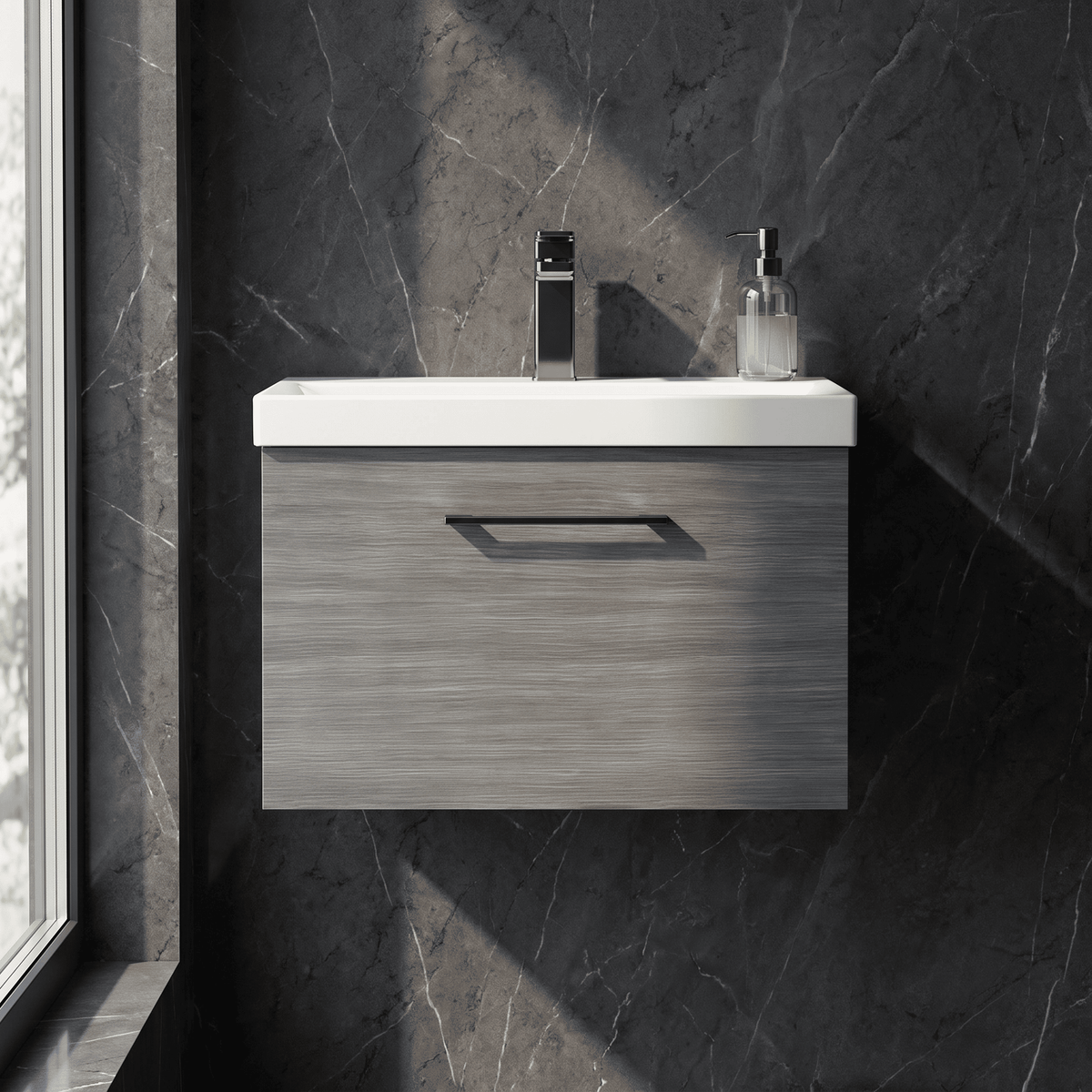 [BFLE522AH1516] Bramshall Wall Hung 1 Drawer Vanity Unit with Mid-Edge Ceramic Basin 600mm - Studio Shot