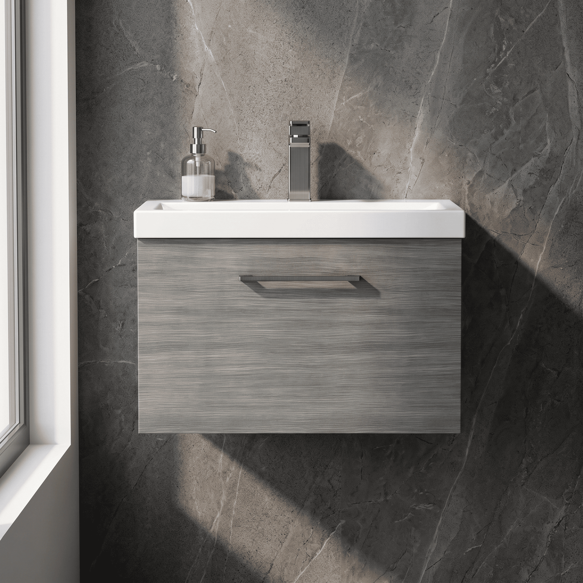 [BFLE522AH716] Bramshall Wall Hung 1 Drawer Vanity Unit with Mid-Edge Ceramic Basin 600mm - Studio Shot