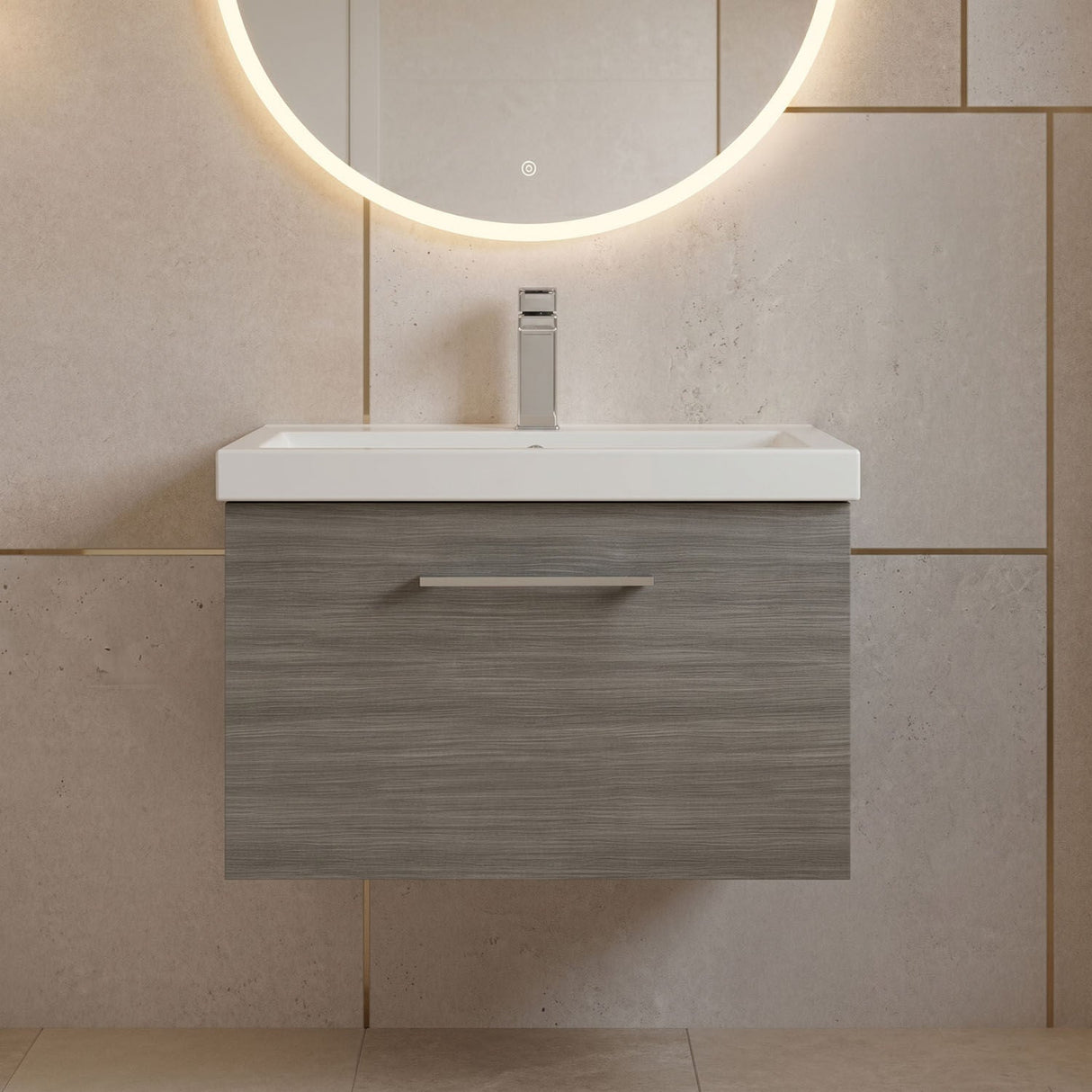 [BFLE522A] Bramshall Wall Hung 1 Drawer Vanity Unit with Mid-Edge Ceramic Basin - Choice of Colour, Handle Finish and Size - Silo