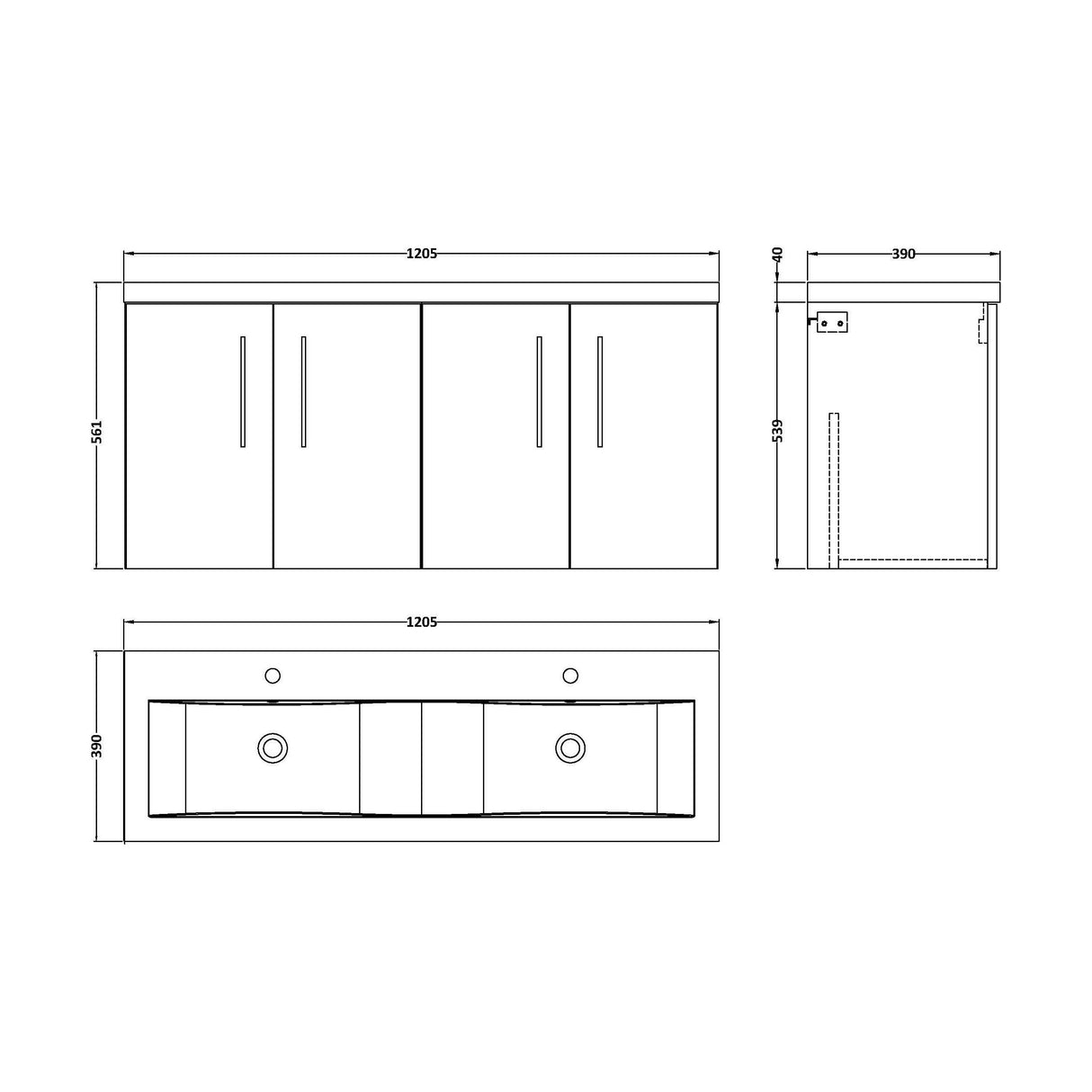 [BFLE523F2] Bramshall 4 Door Vanity Basin Unit - 1200mm - Choice of Basin and Colour - Technical Drawing