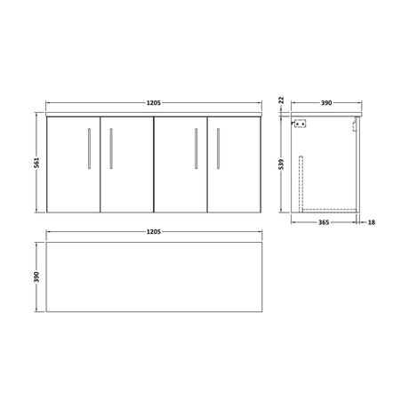 [BFLE523LBG2] Balterley Level 1200mm Wall Hung 4 Door Vanity Unit with Laminate Worktop for Contemporary Bathroom Storage - Anthracite Woodgrain - Technical Drawing