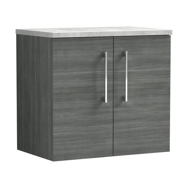 [BFLE523LBG] Balterley Level 600mm Wall Hung 2 Door Vanity Unit with Laminate Worktop for Contemporary Bathroom Storage - Anthracite Woodgrain - Cutout