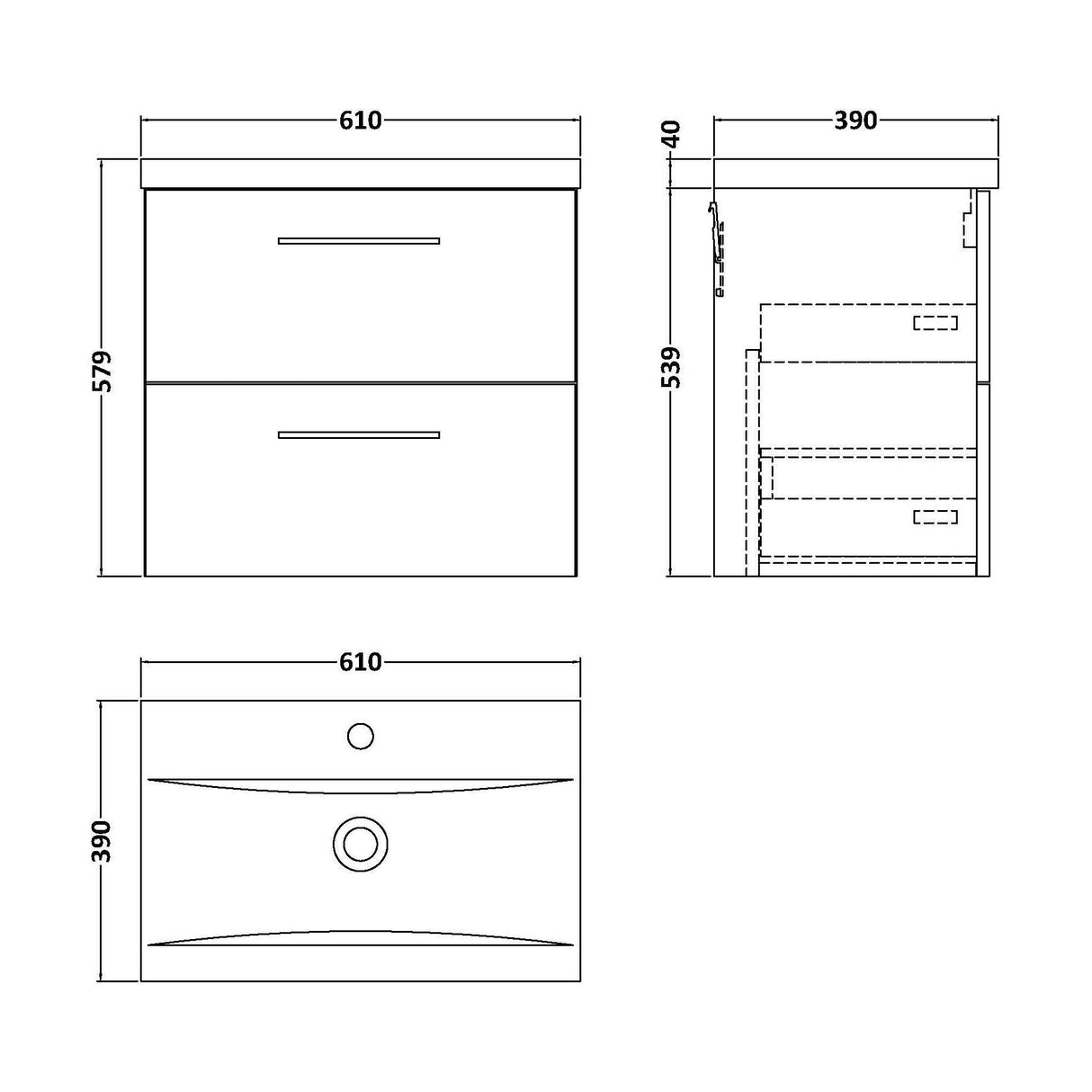 [BFLE524A] Bramshall Wall Hung 2 Drawer Vanity Unit with Mid-Edge Ceramic Basin - Choice of Colour, Handle Finish and Size - Technical Drawing