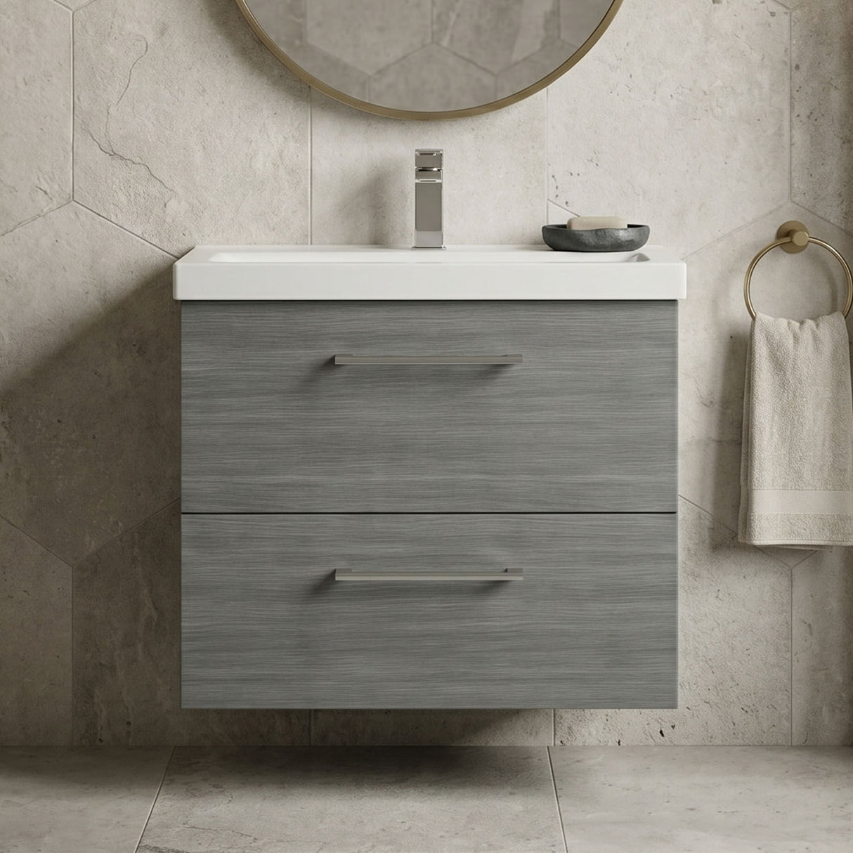 [BFLE524A] Bramshall Wall Hung 2 Drawer Vanity Unit with Mid-Edge Ceramic Basin - Choice of Colour, Handle Finish and Size - Silo
