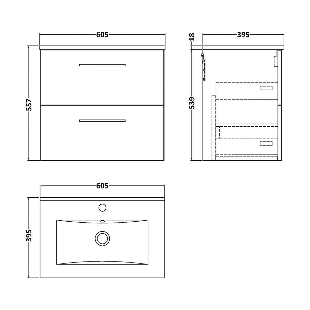 [BFLE524B] Balterley  Contemporary Bathroom 2 Soft Close Drawer & Minimalist Wall Hung Vanity Unit Basin, Anthracite Woodgrain, 600mm - Technical Drawing