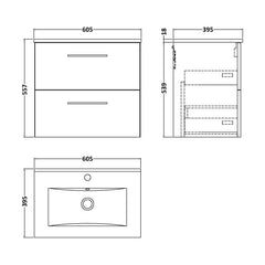 [BFLE524B] Balterley  Contemporary Bathroom 2 Soft Close Drawer & Minimalist Wall Hung Vanity Unit Basin, Anthracite Woodgrain, 600mm - Technical Drawing