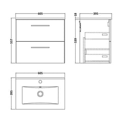 [BFLE524B] Bramshall Contemporary 2 Soft Close Drawer Wall Hung Vanity Unit, Choice of Size/Basin Type/Colour - Technical Drawing