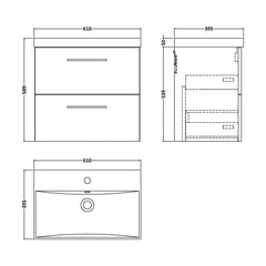 [BFLE524D] Balterley  Contemporary Bathroom Wall Hung 2-Drawer Vanity & Thin-Edge Basin, Anthracite, 600mm - Technical Drawing