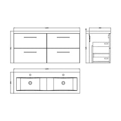 [BFLE524F2] Balterley Level 1200mm Wall Hung 4-Drawer Vanity Unit with Double Basin for Modern Bathroom Storage - Gloss White - Technical Drawing