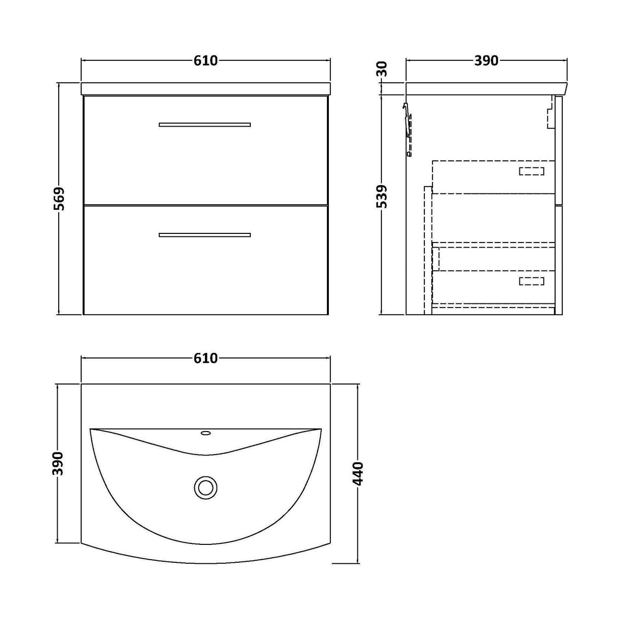 [BFLE524G] Balterley  Modern Bathroom 2 Soft Close Drawer Wall Hung Vanity & Basin, Anthracite, 600mm - Technical Drawing