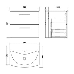 [BFLE524G] Balterley  Modern Bathroom 2 Soft Close Drawer Wall Hung Vanity & Basin, Anthracite, 600mm - Technical Drawing