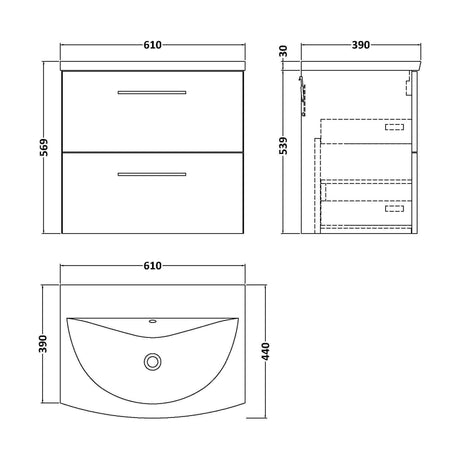 [BFLE524G] Balterley  Modern Bathroom 2 Soft Close Drawer Wall Hung Vanity & Basin, Anthracite, 600mm - Technical Drawing
