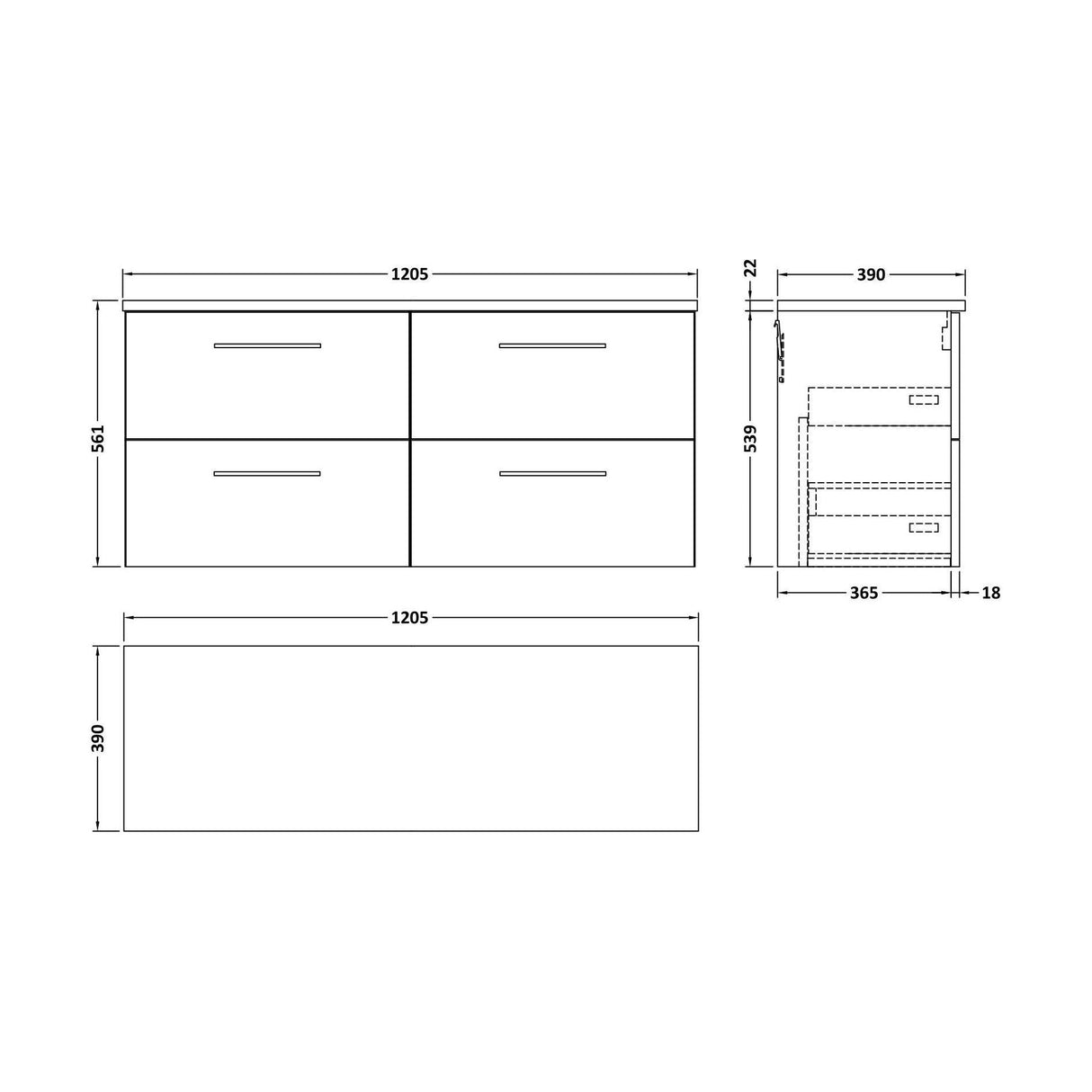 [BFLE524LBG2] Bramshall Wall Hung 4 Drawer Vanity Unit with Bellato Grey Laminate Worktop, 1200mm, Choice of Colour - Technical Drawing