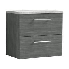 [BFLE524LBG] Balterley Level 600mm Wall Hung 2 Drawer Vanity Unit with Laminate Worktop for Modern Bathroom Storage - Anthracite Woodgrain - Cutout