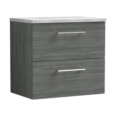 [BFLE524LBG] Bramshall Contemporary 2 Drawer Wall Hung Vanity Unit with Bellato Grey Laminate Worktop, Choice of Size and Colour - Cutout
