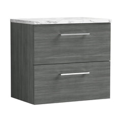 [BFLE524LCM] Bramshall Contemporary 2 Drawer Wall Hung Vanity Unit with Carrera Marble Laminate Worktop, Choice of Size and Colour - Cutout