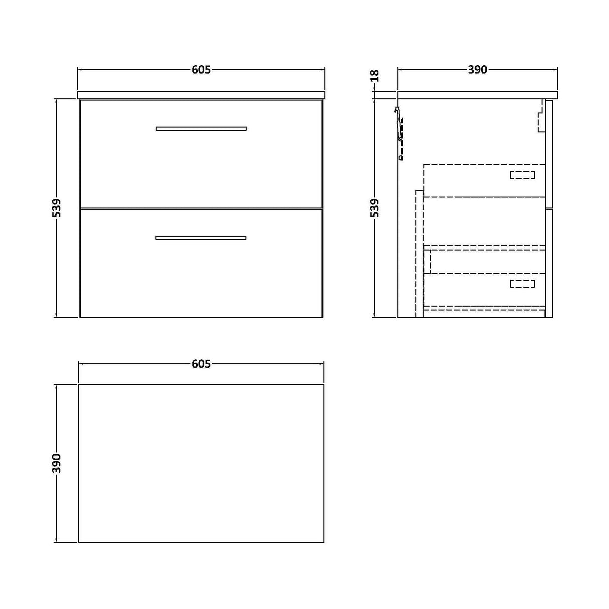 [BFLE524W] Bramshall Contemporary 2 Soft Close Drawer Wall Hung Vanity Unit with Worktop, Choice of Size and Colour - Technical Drawing
