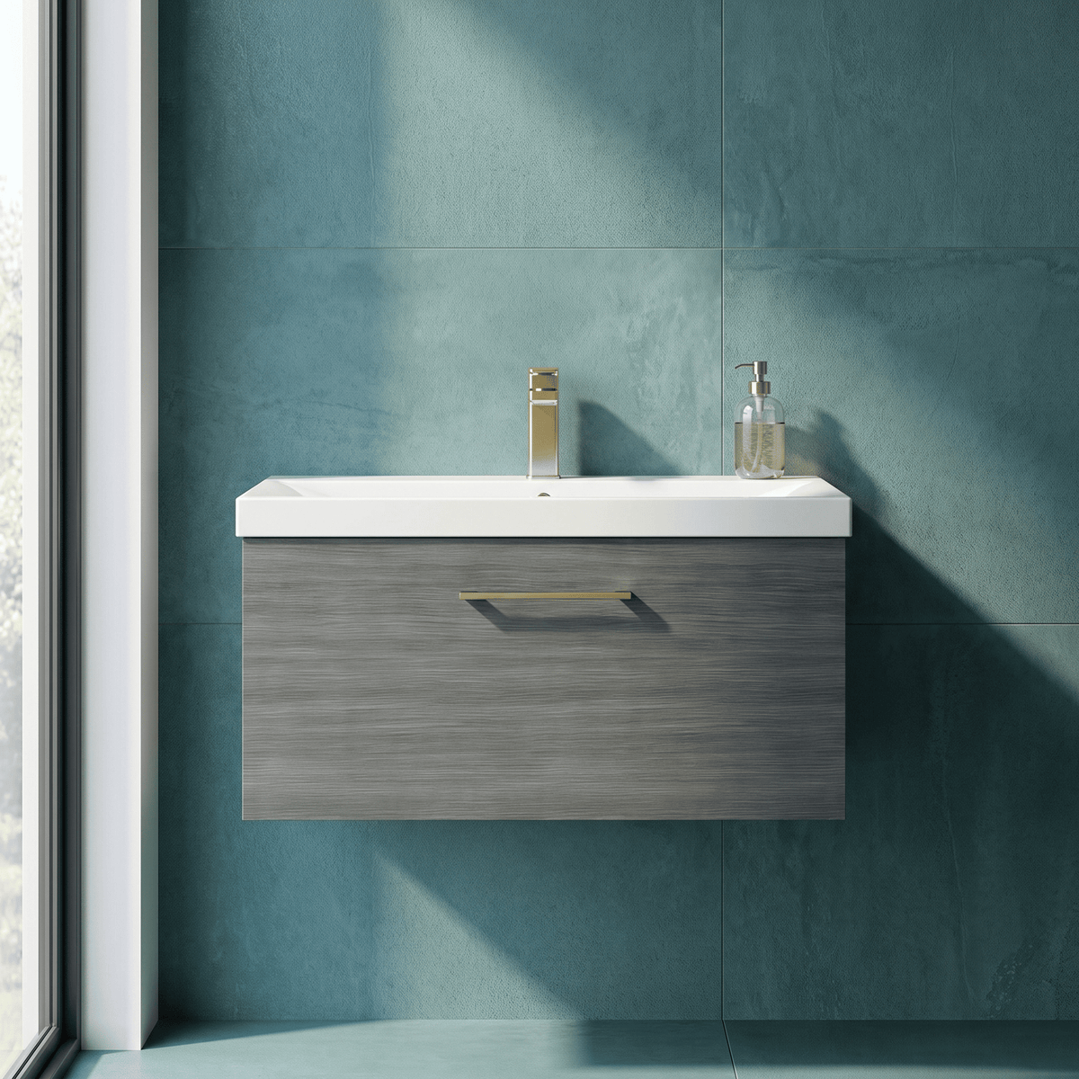 [BFLE525AH017] Bramshall Wall Hung 1 Drawer Vanity Unit with Mid-Edge Ceramic Basin 800mm - Studio Shot