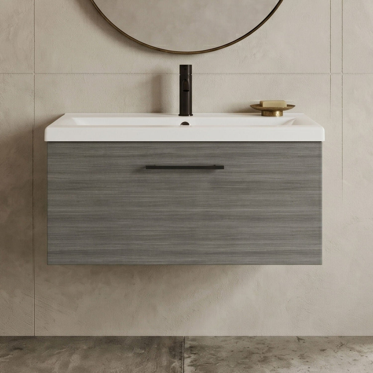 [BFLE525AH018] Bramshall Wall Hung 1 Drawer Vanity Unit with Mid-Edge Ceramic Basin - Choice of Colour, Handle Finish and Size - Silo