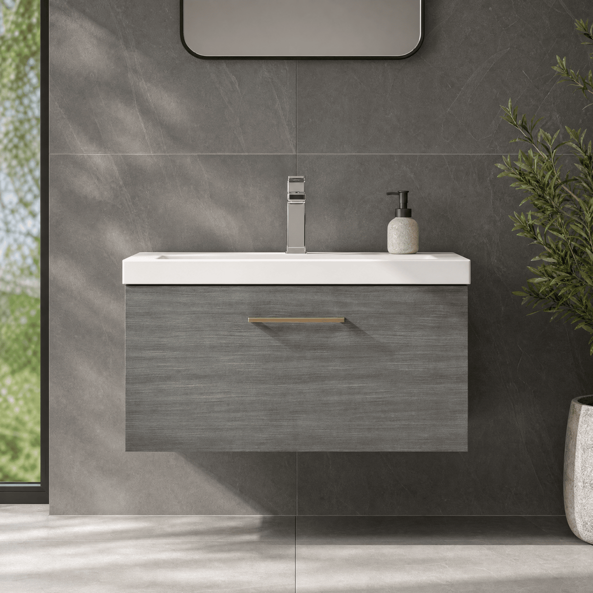 [BFLE525AH019] Bramshall Wall Hung 1 Drawer Vanity Unit with Mid-Edge Ceramic Basin 800mm - Studio Shot