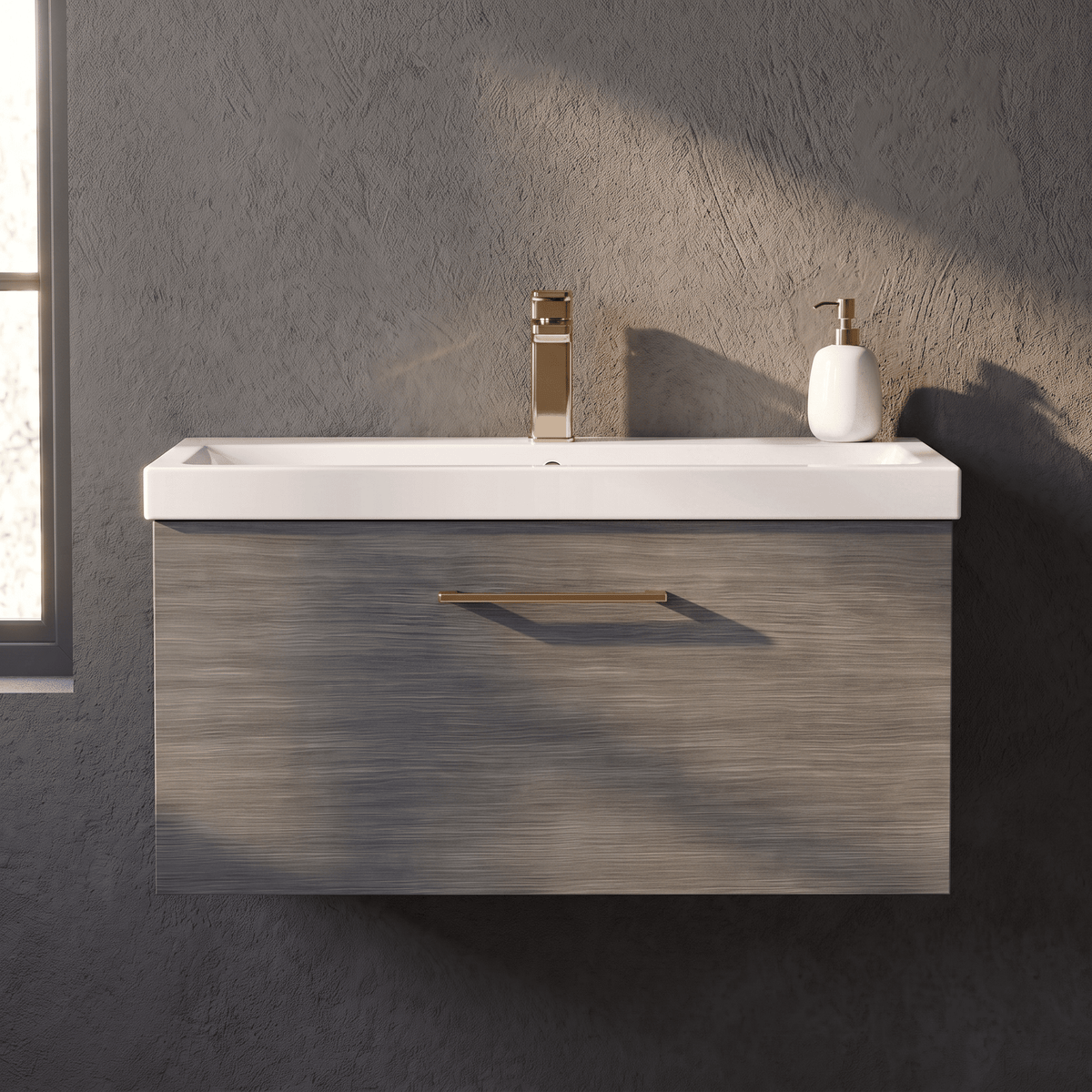 [BFLE525AH1516] Bramshall Wall Hung 1 Drawer Vanity Unit with Mid-Edge Ceramic Basin 800mm - Studio Shot