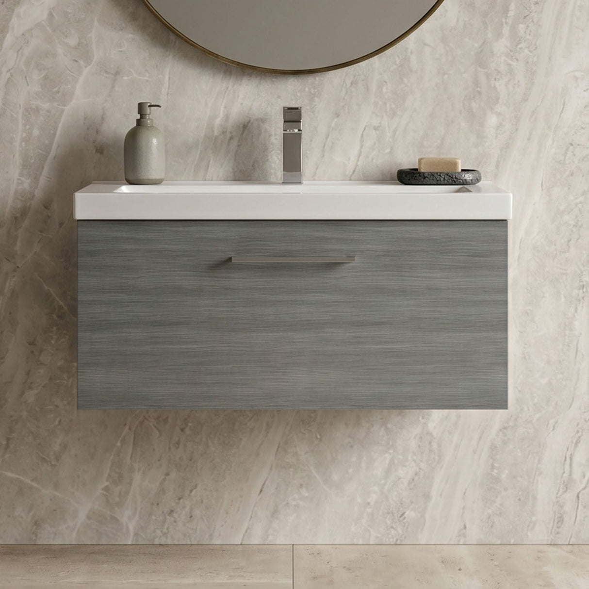[BFLE525A] Bramshall Wall Hung 1 Drawer Vanity Unit with Mid-Edge Ceramic Basin - Choice of Colour, Handle Finish and Size - Silo