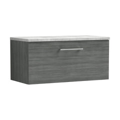 [BFLE525LBG] Balterley Level 800mm Wall Hung Single Drawer Vanity Unit with Laminate Worktop for Modern Bathroom Storage - Anthracite Woodgrain - Cutout