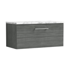 [BFLE525LCM] Bramshall Contemporary 1 Drawer Wall Hung Vanity Unit with Carrera Marble Laminate Worktop, Choice of Size and Colour - Cutout