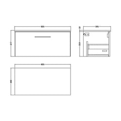 [BFLE525W] Balterley Level Contemporary Bathroom Wall Hung 1-Drawer Vanity Unit with Worktop, Anthracite Woodgrain, 800mm - Technical Drawing