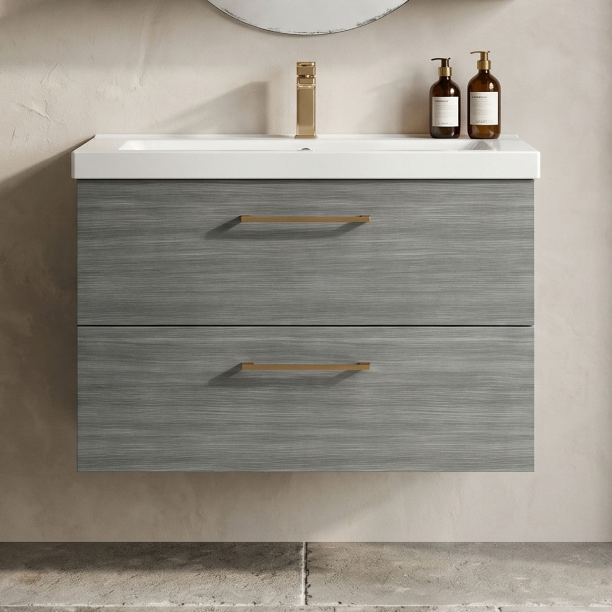 [BFLE526AH1516] Bramshall Wall Hung 2 Drawer Vanity Unit with Mid-Edge Ceramic Basin - Choice of Colour, Handle Finish and Size - Silo