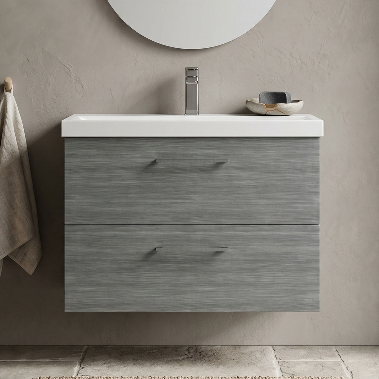 [BFLE526AH716] Bramshall Wall Hung 2 Drawer Vanity Unit with Mid-Edge Ceramic Basin - Choice of Colour, Handle Finish and Size - Silo