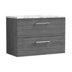 [BFLE526LCM] Bramshall Contemporary 2 Drawer Wall Hung Vanity Unit with Carrera Marble Laminate Worktop, Choice of Size and Colour - Cutout