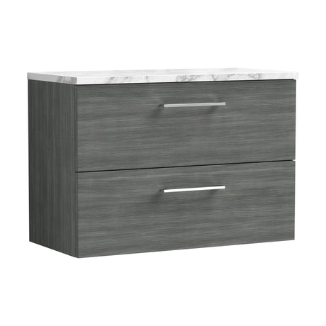 [BFLE526LCM] Bramshall Contemporary 2 Drawer Wall Hung Vanity Unit with Carrera Marble Laminate Worktop, Choice of Size and Colour - Cutout