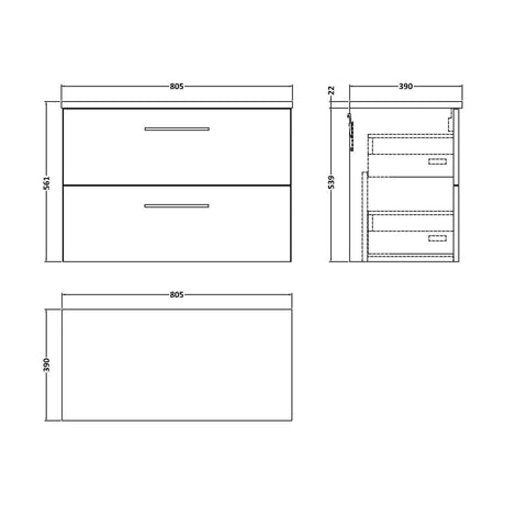 [BFLE526LCM] Balterley Level 800mm Wall Hung 2 Drawer Vanity Unit & Laminate Worktop for Modern Bathroom Storage - Anthracite Woodgrain - Technical Drawing