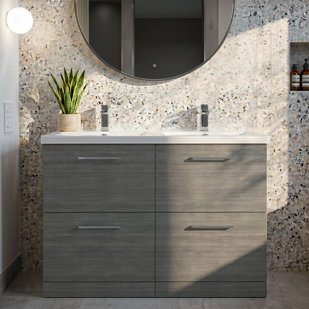 [BFLE533C2] Balterley Level 1200mm Floor Standing 4 Drawer Vanity Unit with Double Basin, Handles & Overflow for Bathroom Storage Gloss White - Silo