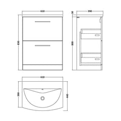 [BFLE533G] Bramshall Contemporary 2 Drawer Floor Standing Vanity Unit, Choice of Size, Colour and Basin - Technical Drawing