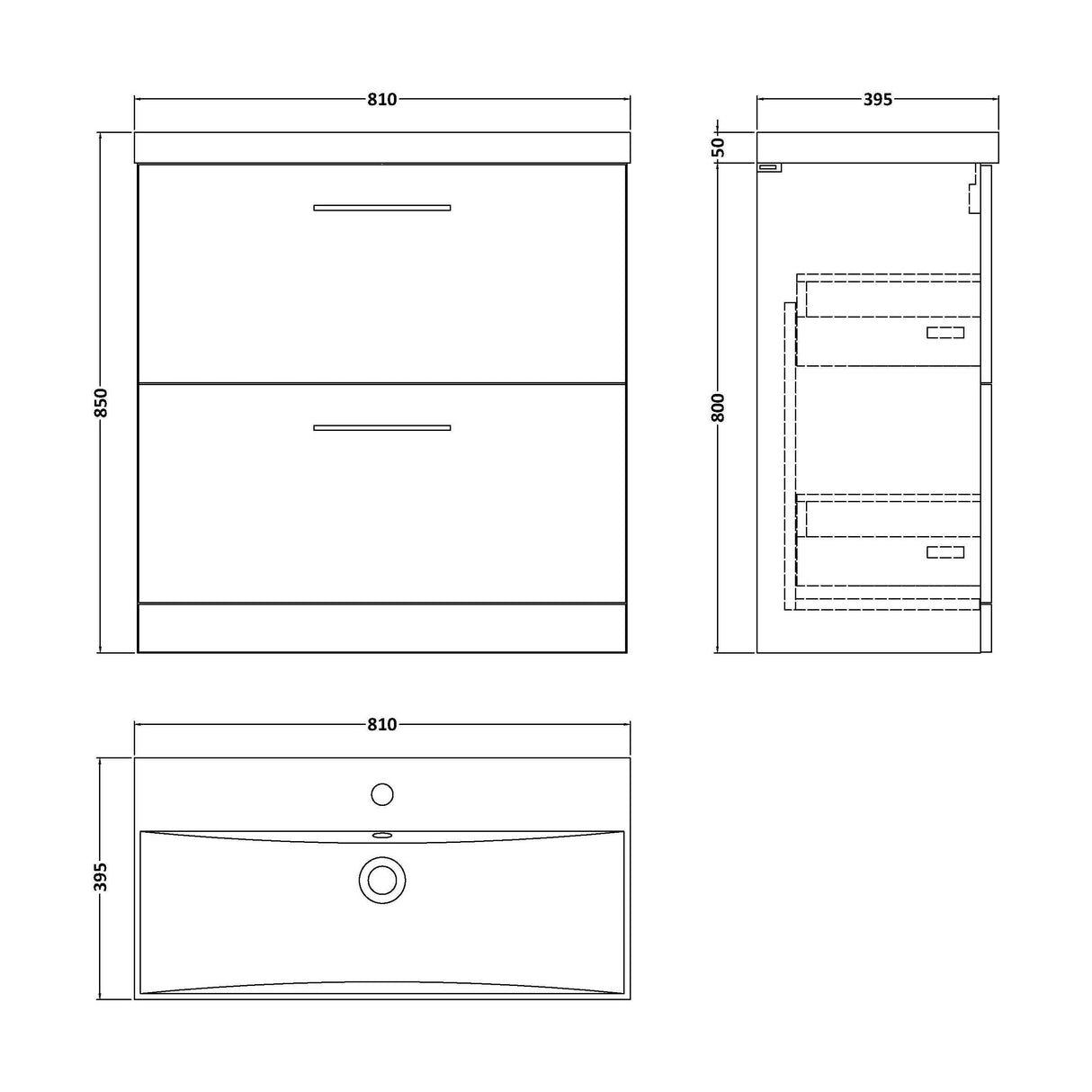 [BFLE535D] Bramshall Contemporary 2 Drawer Floor Standing Vanity Unit, Choice of Size, Colour and Basin - Technical Drawing