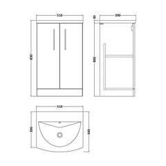 [BFLE601G] Bramshall Contemporary 2 Soft Close Doors Floor Standing Vanity Basin Unit, Choice of Size/Basin Type/Colour - Technical Drawing