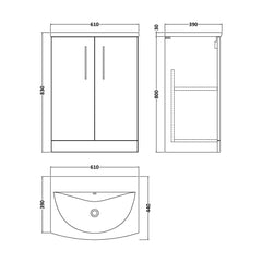 [BFLE603G] Bramshall Contemporary 2 Soft Close Doors Floor Standing Vanity Basin Unit, Choice of Size/Basin Type/Colour - Technical Drawing