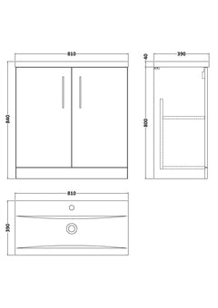 [BFLE605A] Contemporary Floor Standing Vanity Unit with Mid-Edge Basin, Choice of Size - Line Drawing