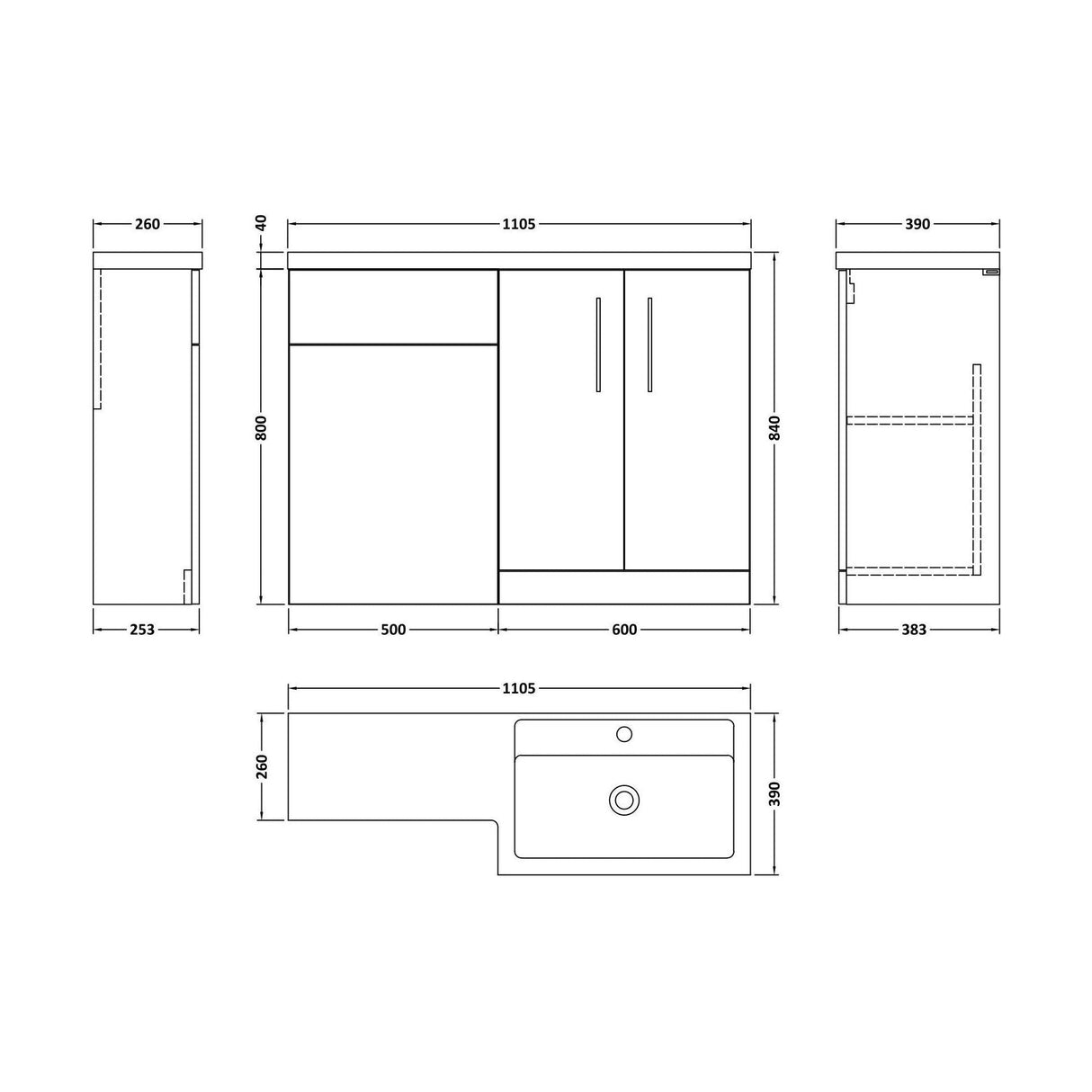 [BFLE611RH019] Bramshall Combination Vanity Unit with Basin & WC, Right Hand, 1100mm x 390mm - Choice of Colour and Handle Finish - Technical Drawing