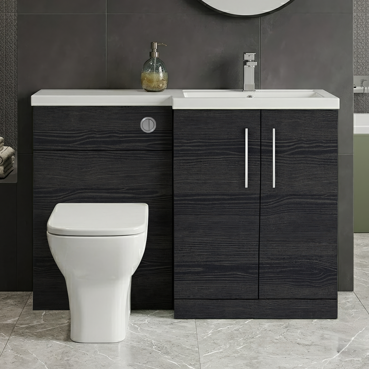 Bramshall Combination Vanity Unit with Basin & WC, Right Hand, 1100mm x 390mm - Choice of Colour and Handle Finish