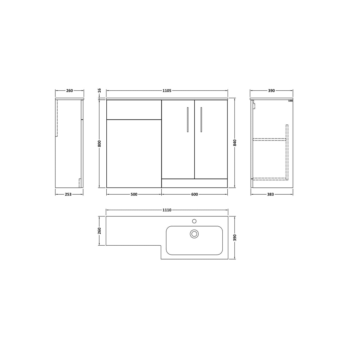 [BFLE613R] Bramshall Contemporary 2 Door Floor Standing Combination Unit with Stone Basin, 1100mm, Choice of Orientation and Colour - Technical Drawing