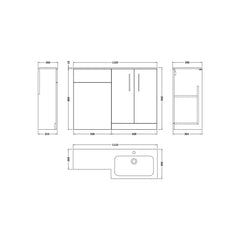 [BFLE613R] Bramshall Contemporary 2 Door Floor Standing Combination Unit with Stone Basin, 1100mm, Choice of Orientation and Colour - Technical Drawing