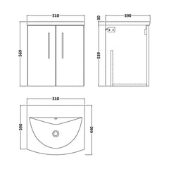 [BFLE621G] Bramshall Contemporary 2 Door Wall Hung Vanity Basin Unit, Choice of Size, Colour and Basin - Technical Drawing