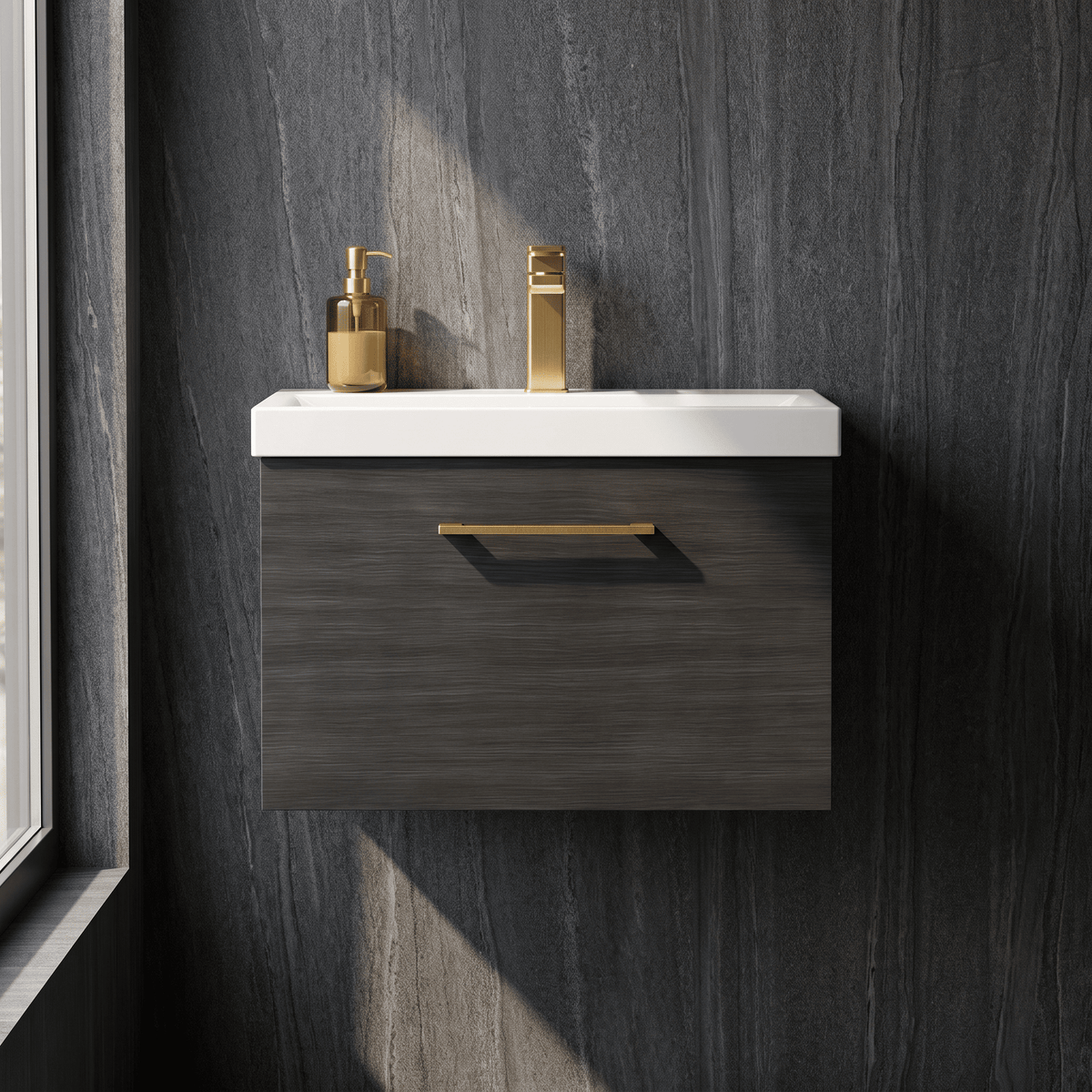[BFLE622AH017] Bramshall Wall Hung 1 Drawer Vanity Unit with Mid-Edge Ceramic Basin 600mm - Studio Shot